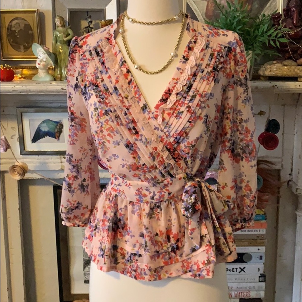 2 FOR $15 - Pink floral wrap blouse